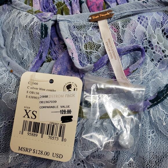 Free People Womens XS Daphne Blouse in Silver Blue Combo NEW - Picture 9 of 11